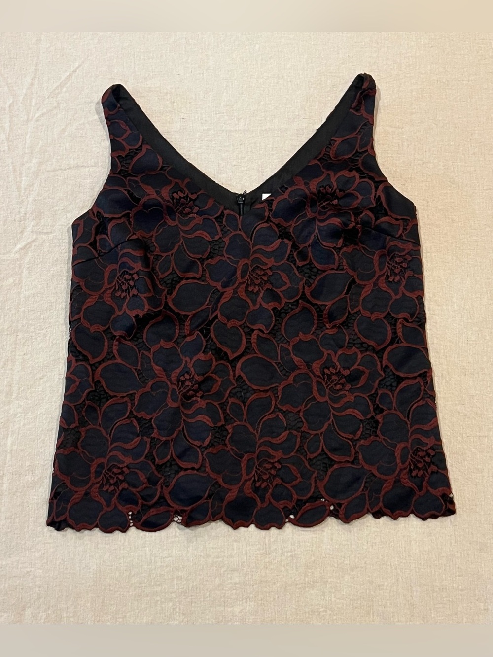 Trina Turk Sleeveless Black and Maroon Floral Lace Tank Top